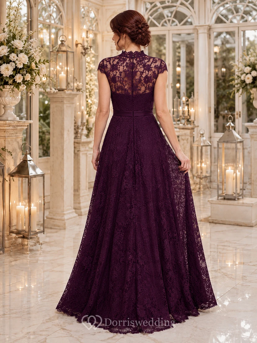 Plum Cap Sleeve High Neck Lace A Line Formal Dress view 2