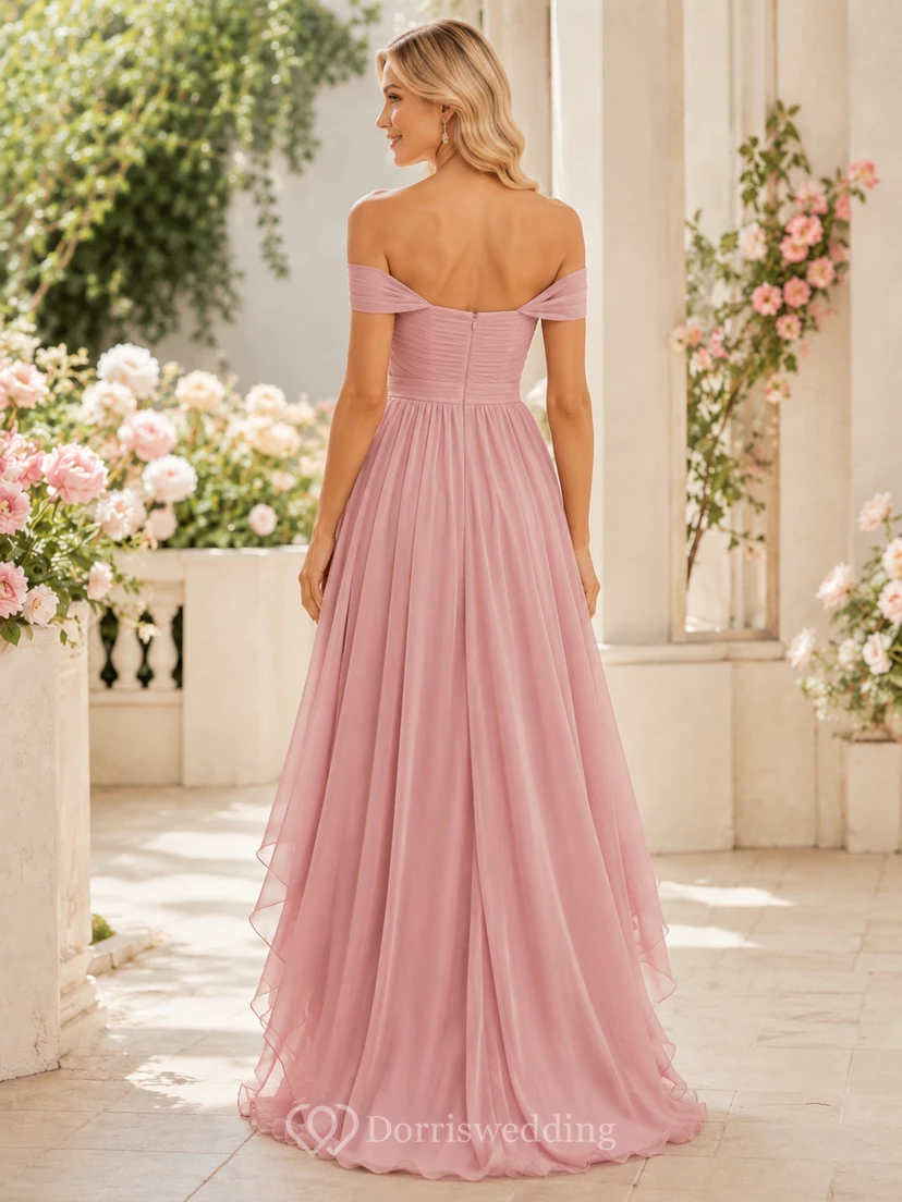 Altrosafarbenes, schulterfreies Chiffon-A-Linien-Abendkleid mit asymmetrischem Saum – romantisch für den Garten view 2