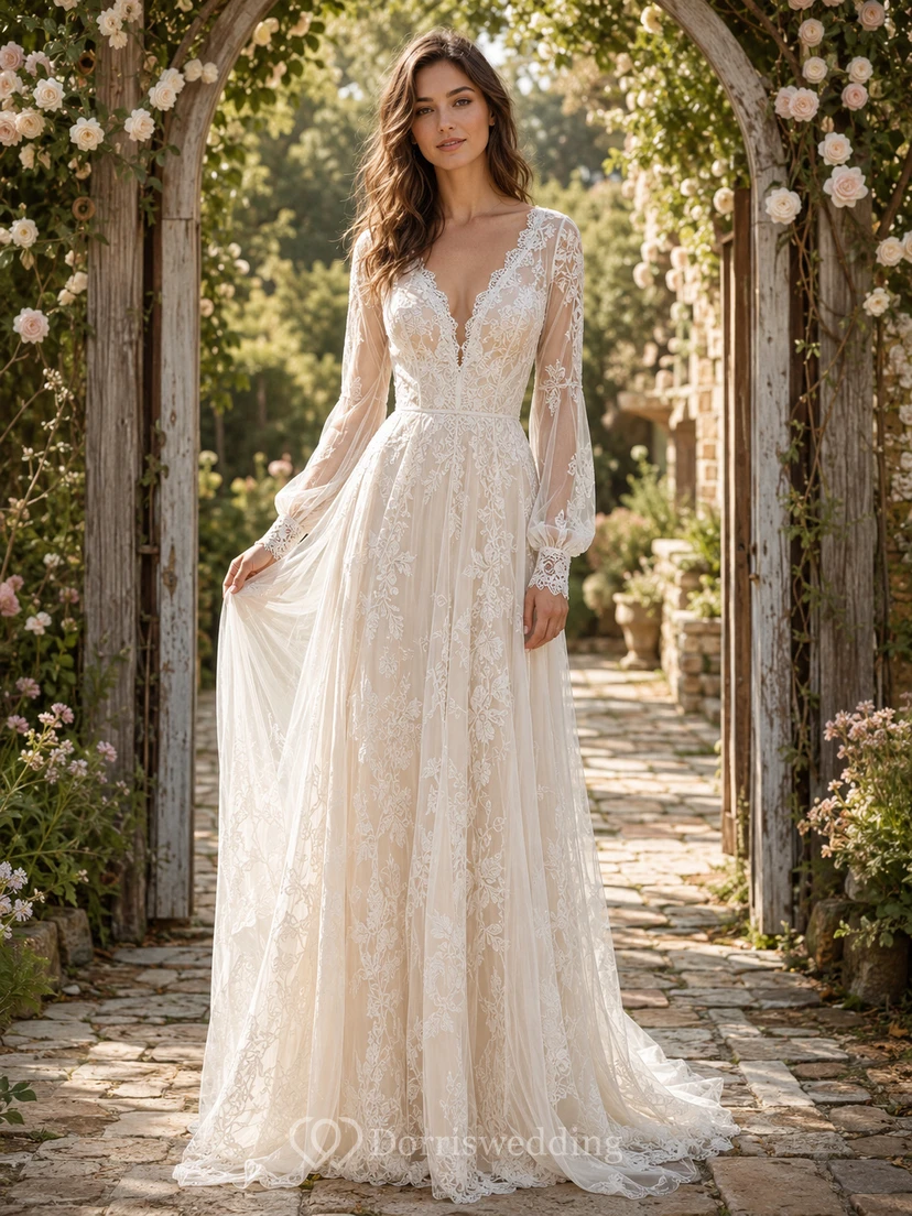 Long Sleeve Lace Boho Vintage Open Back Wedding Dress