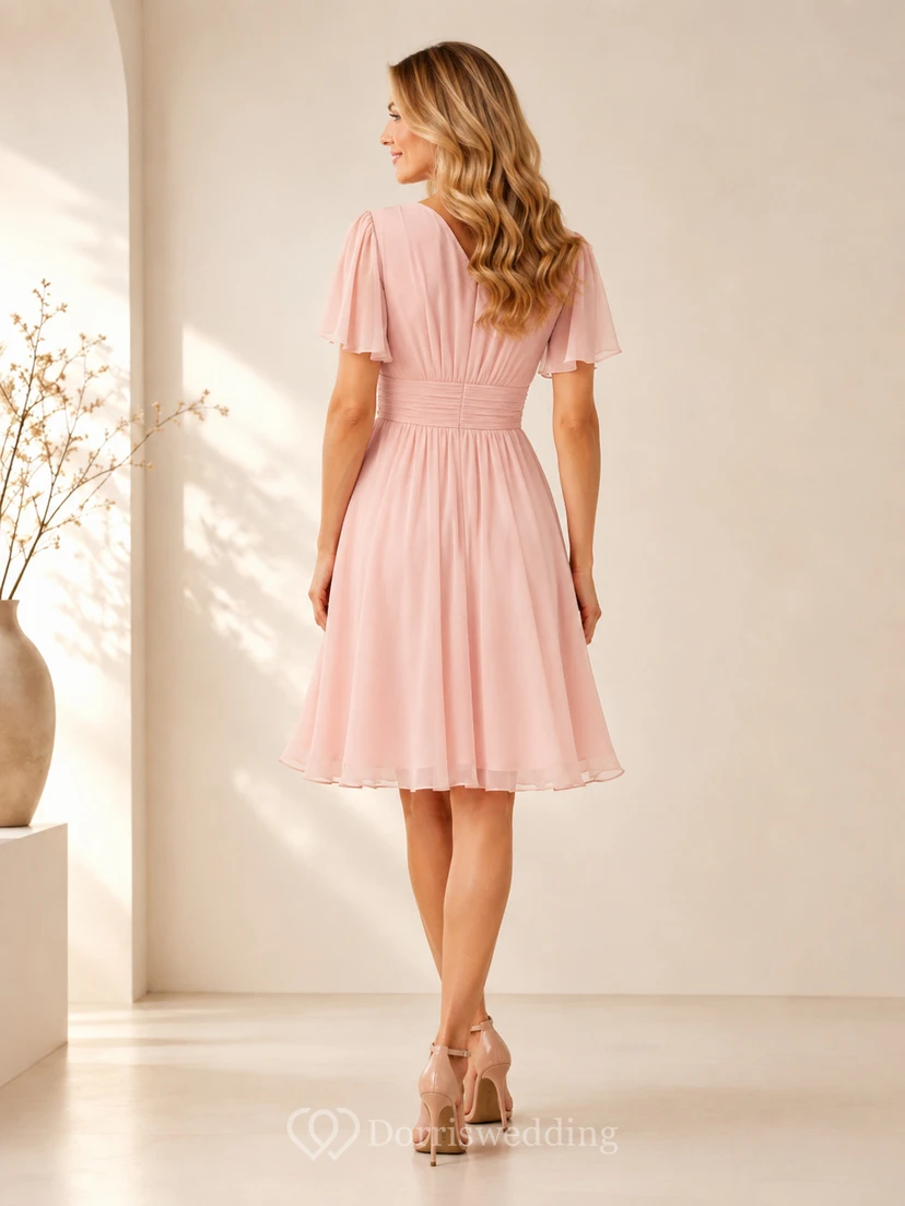 Blush Flutter Sleeve Chiffon V-neck Cocktail Dress view 2