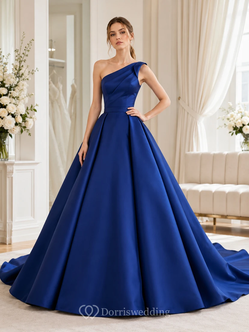 Robe de mariée de bal plissée asymétrique en satin saphir