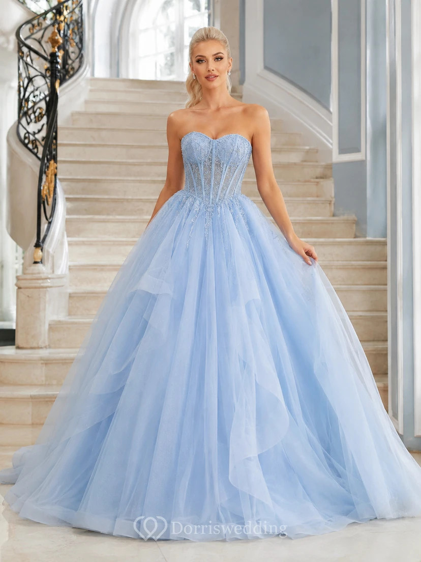 Corsé azul cielo, sin tirantes, escote corazón, tul, volantes en cascada, vestido de gala largo hasta el suelo, etéreo, quinceañera, graduación