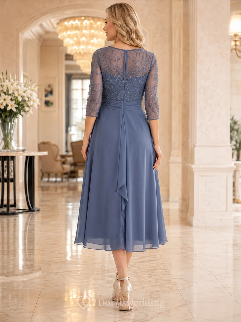 Slate Blue Bateau Lace Three-Quarter Sleeve Tea-Length Mother Dress Reception view 2
