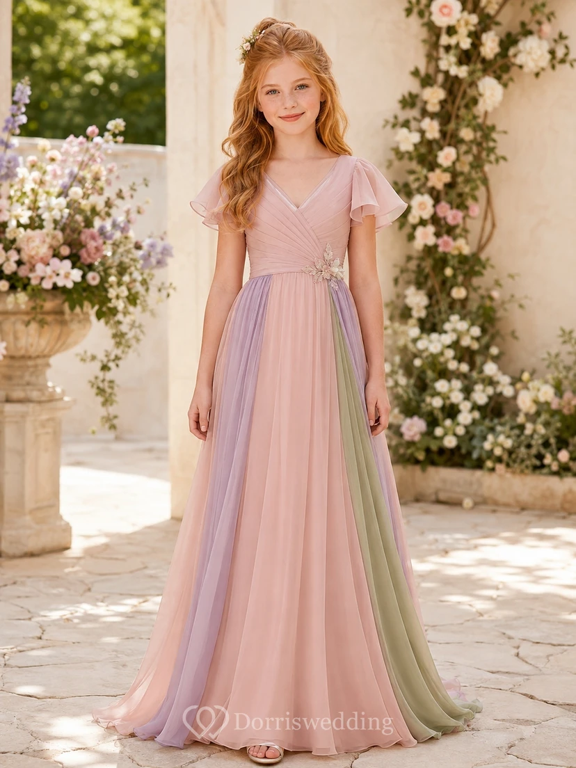 Zartrosa Brautjungfernkleid, A-Linie, V-Ausschnitt, kurze Puffärmel, Schärpe/Band, elegant