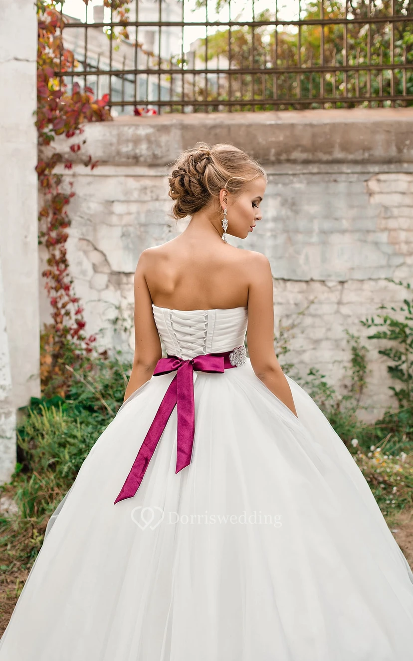 Ball Gown Long Sweetheart Sleeveless Lace-Up Tulle Dress With Criss Cross And Waist Jewellery view 3