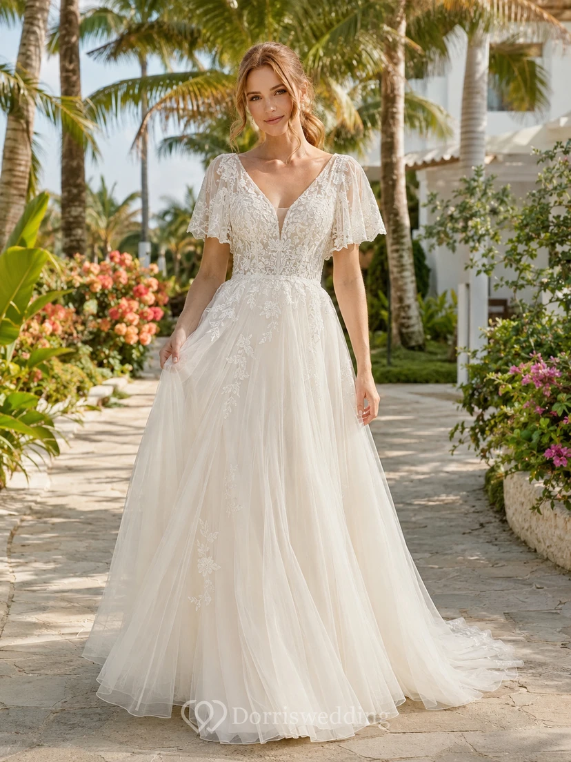 Beach Lace Tulle Wedding Dress A-Line V-Neck Cap Sleeve Sweep Train Bridal Gown