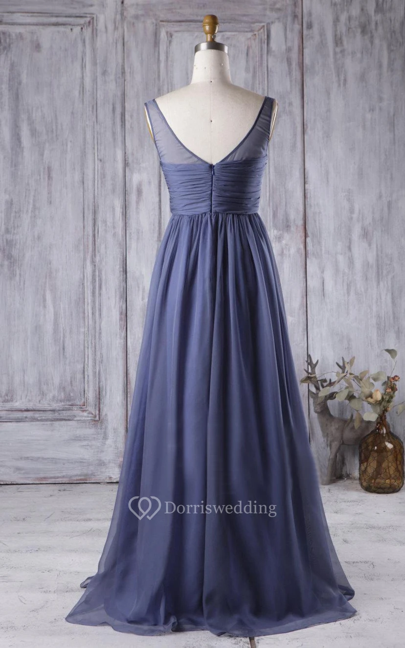 V Neck V Back Pleated A-line Chiffon Long Dress Brush Train view 4