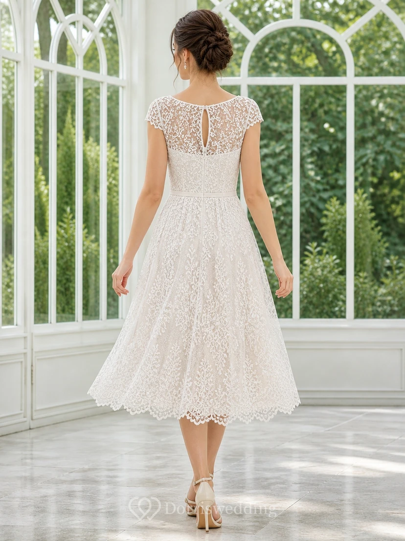 Teelanges, ziviles Brautkleid im Bateau-Stil mit Schlüssellochausschnitt, Spitze, kurzen Ärmeln und A-Linie view 2