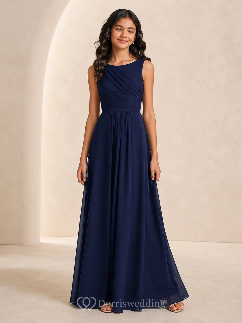 Dunkelblaues Brautjungfernkleid für junge Damen, A-Linie, V-Ausschnitt, ärmellos, Chiffon, drapiertes Oberteil, elegant