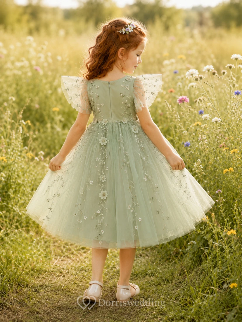 Flower Girl Dress A-Line Sage Fairy Wing Tulle Flower Sleeve Garden view 2