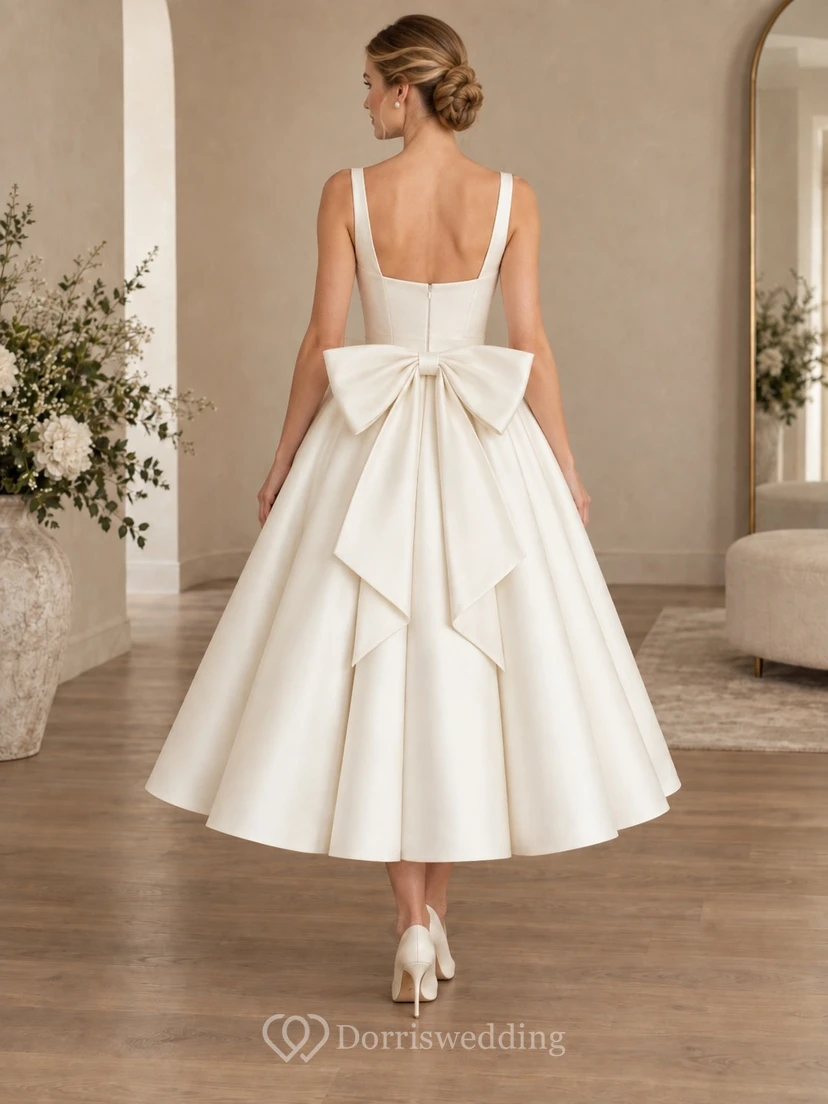 Robe de mariée trapèze en satin, longueur thé, col carré, dos nu avec nœud, coupe trapèze view 2