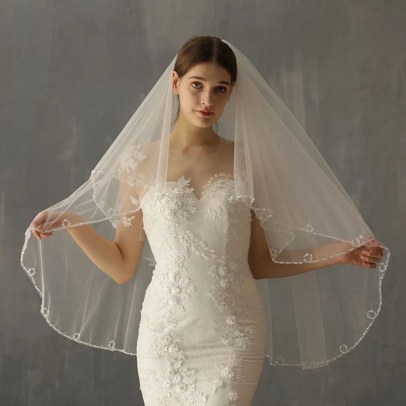 Original Handmade Chic Two Tier Fingertip Veil with Beads Trim