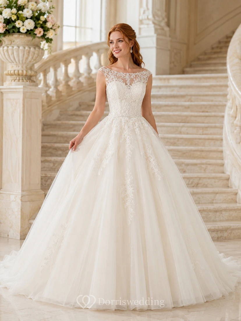 Prinzessin-Bateau-Ballkleid aus Tüll mit kurzen Ärmeln, ideal für die Kapellenhochzeit