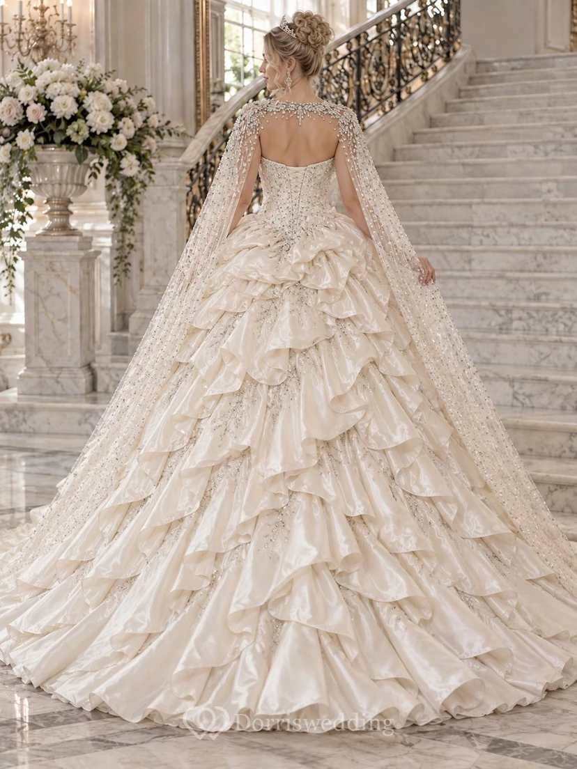 Trägerloses Brautkleid im Ballkleid-Stil mit Herzausschnitt, perlenbesetztem Schultercape und skulpturalen Satinkaskaden view 2