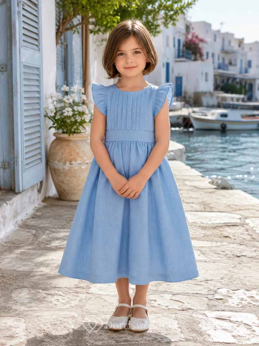 Simple Modern Flower Girl Dress Jewel Neck Flutter Sleeve Sky Blue Linen Tea Length Gathered