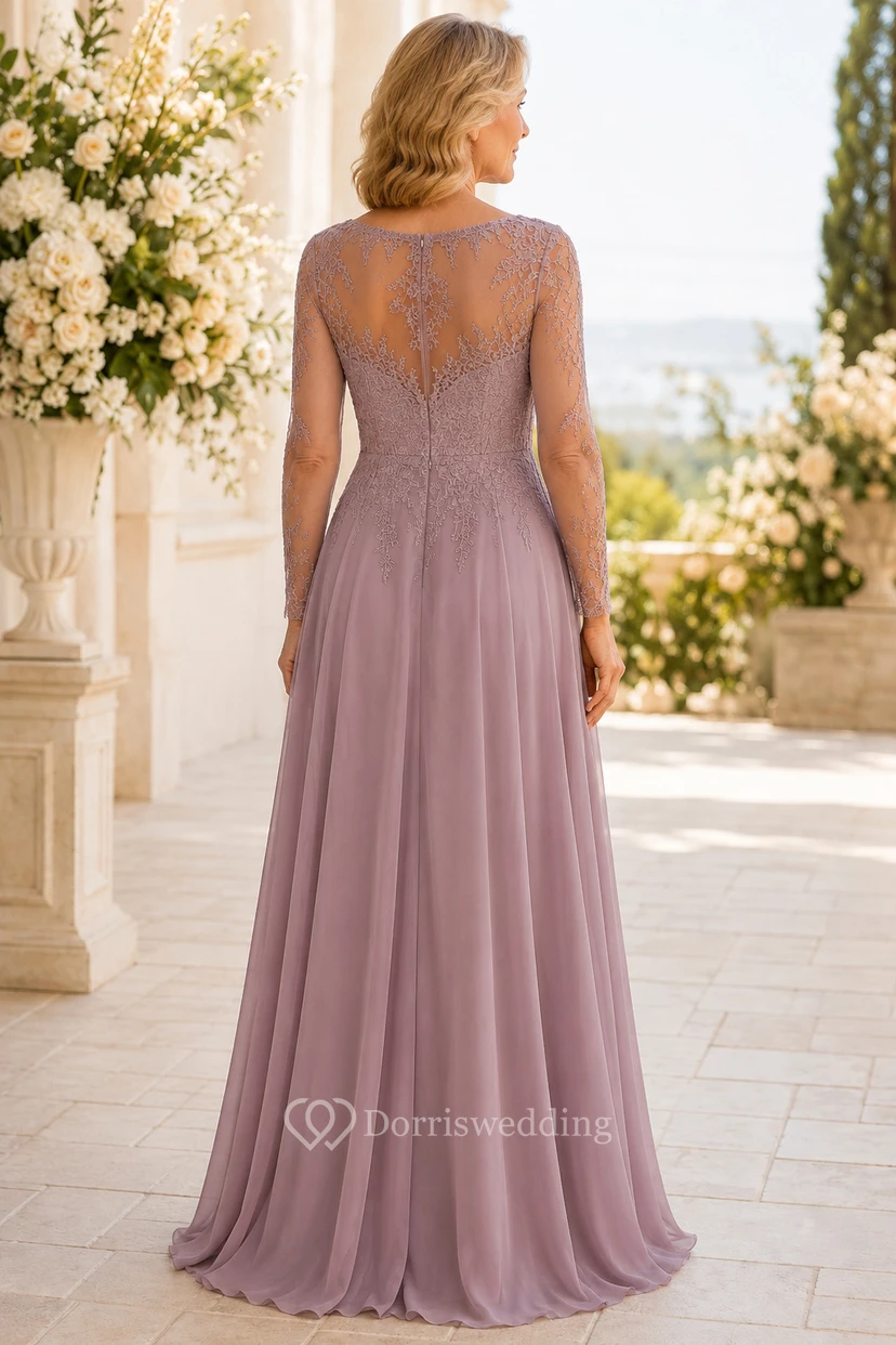 MOB-Kleid, mauvefarbener Chiffon-Spitzen-A-Linien-Kurzarm-Rundhalsausschnitt-Bodenlänge-Plissee view 2
