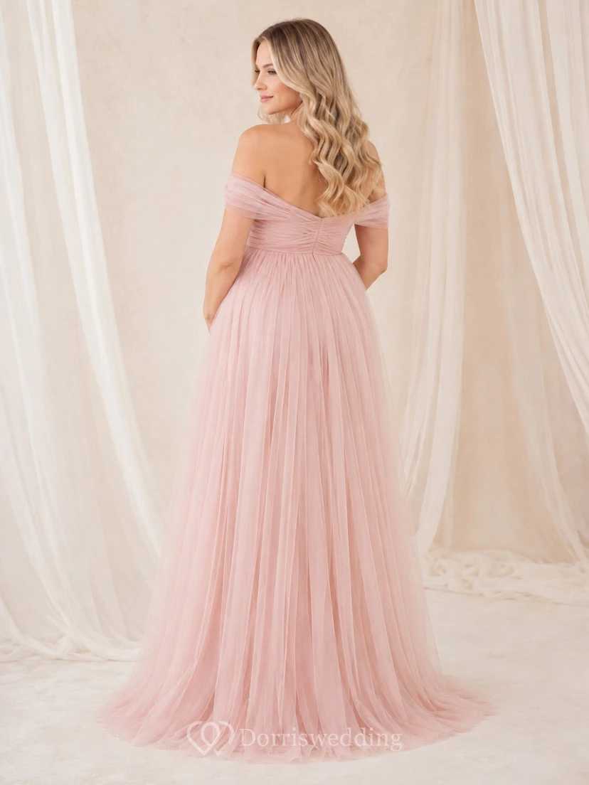 Rosafarbenes, schulterfreies Umstands-Abendkleid aus Tüll im Empire-Stil mit Falten view 2