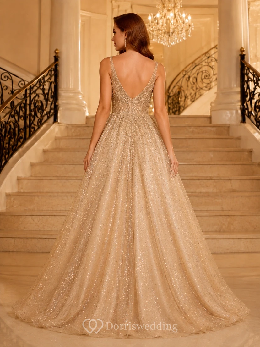 Champagne Beaded Sleeveless Sparkle Tulle Ball Gown Dress view 2