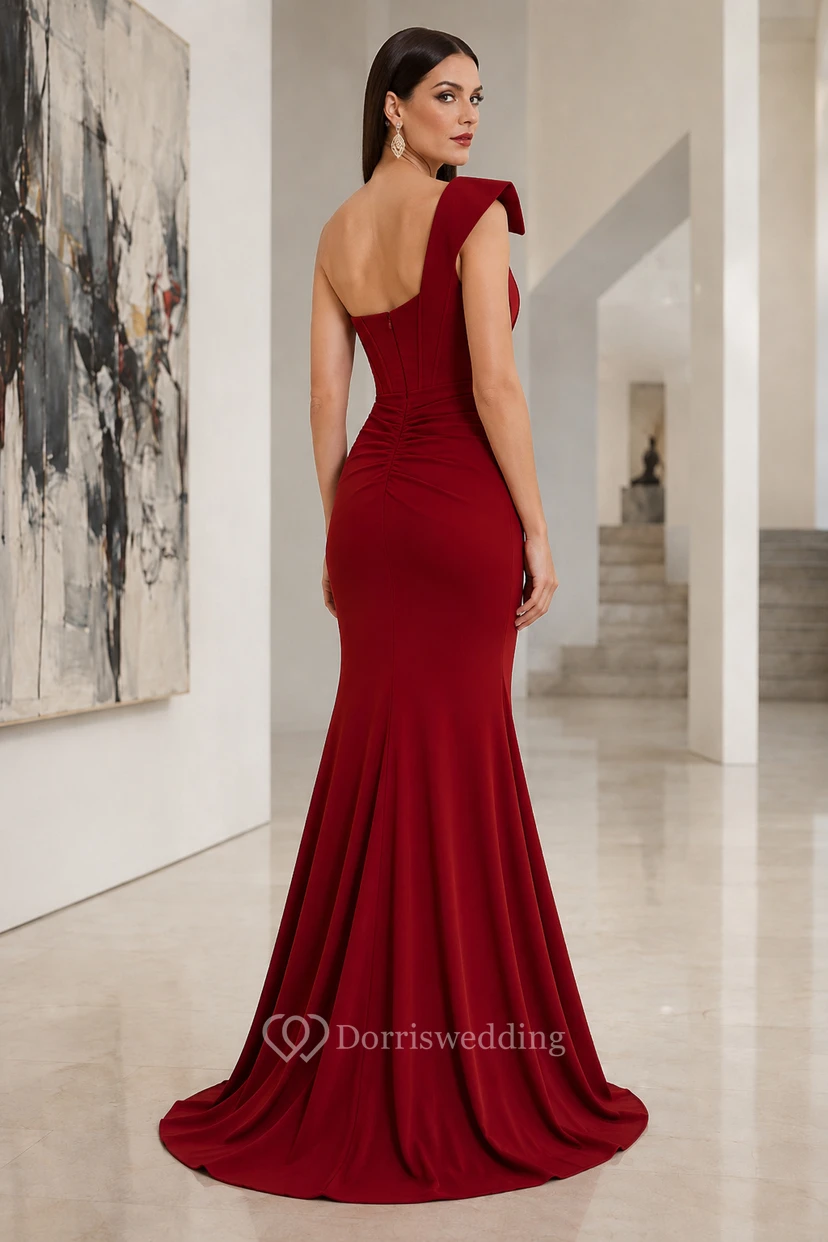 Robe de soirée sirène bordeaux à une épaule view 2