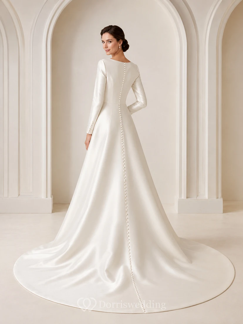 Long Sleeve Bateau Satin A Line Pearl Button Wedding Dress view 2