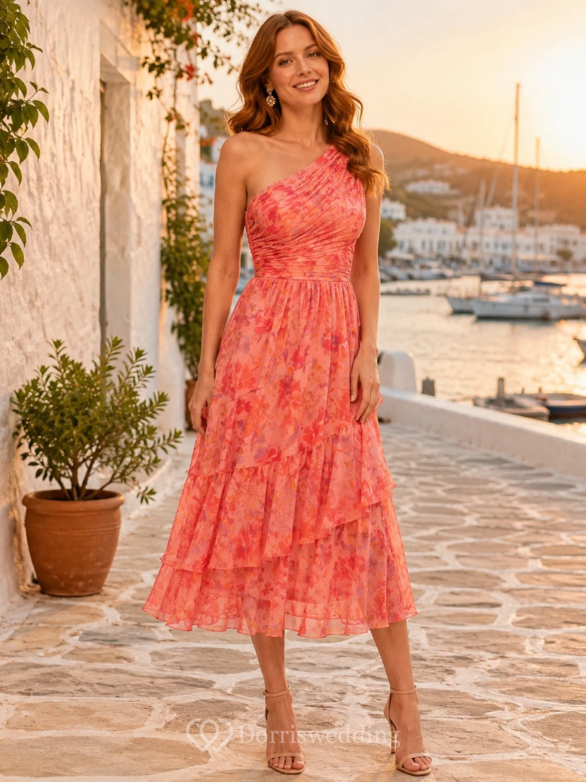 Coral Coastal Wedding Guest Dress A-Line Chiffon One-Shoulder Sleeveless Tea-Length Floral Print