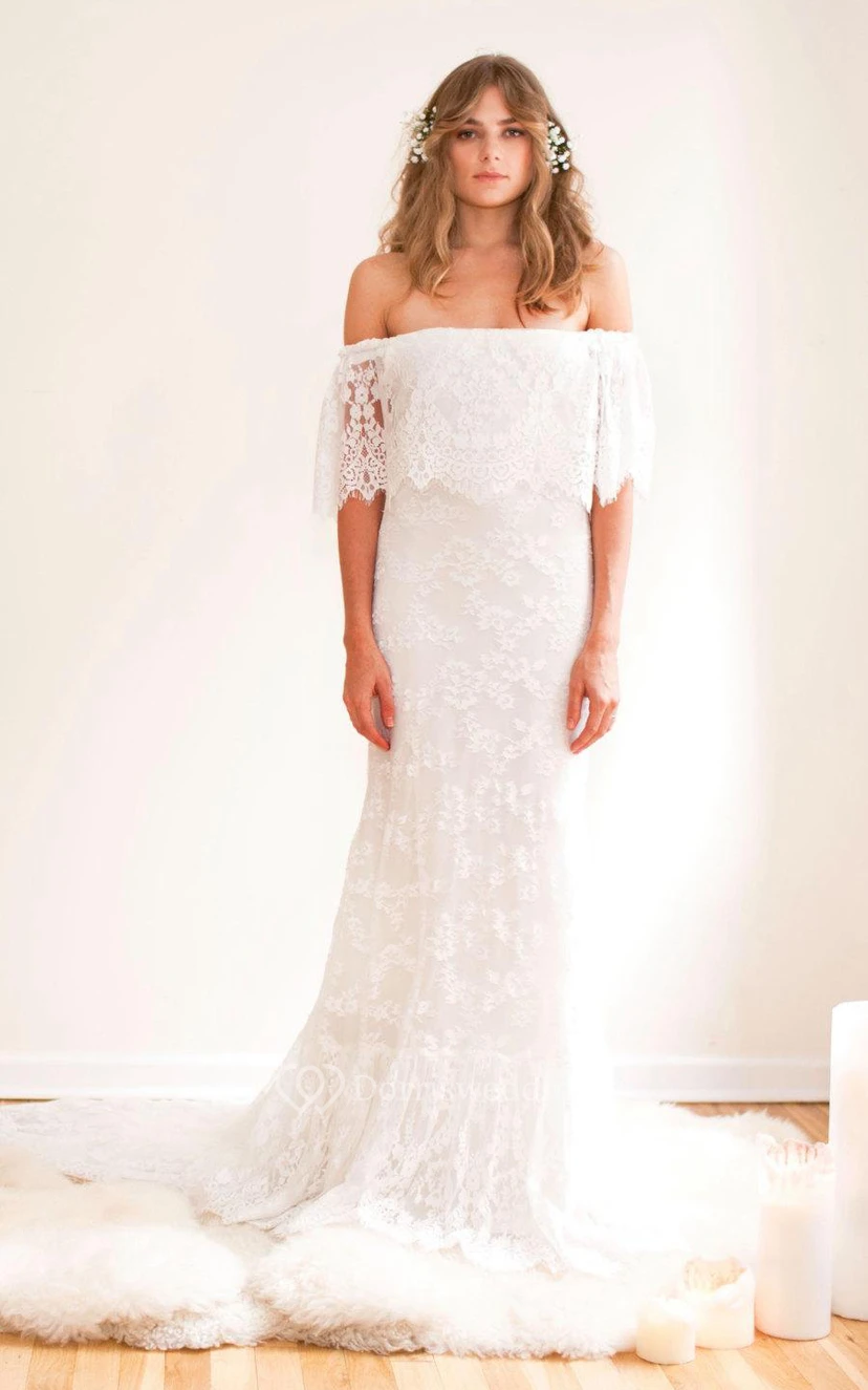 Boho Off-Shoulder Sheath Scalloped Lace Wedding Dress With Long Train view 5