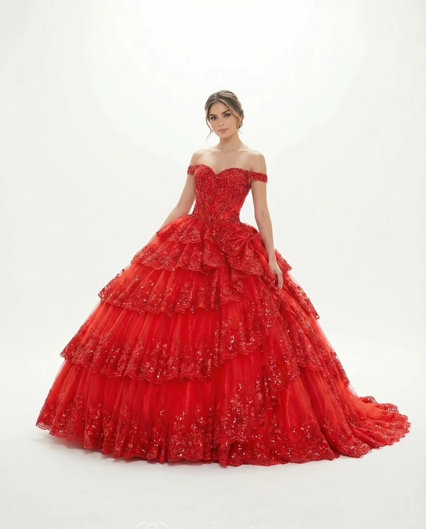 Rotes Quinceañera-Ballkleid, schulterfrei, mit Perlen besetzt, gestuft, mit Rüschen und Spitze