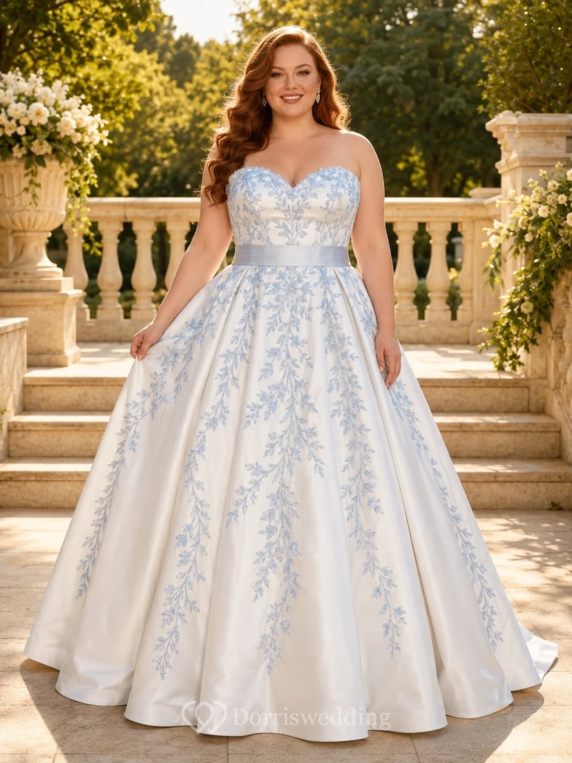 Hellblaues, klassisches, ärmelloses, romantisches Brautkleid aus Satin in Übergröße mit A-Linien-Ausschnitt und Herzausschnitt