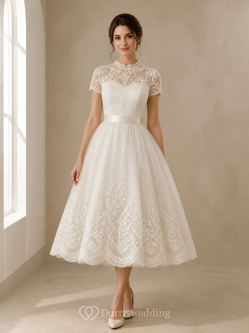 Vestido de novia civil modesto de corte A con cuello alto y encaje, largo hasta la rodilla