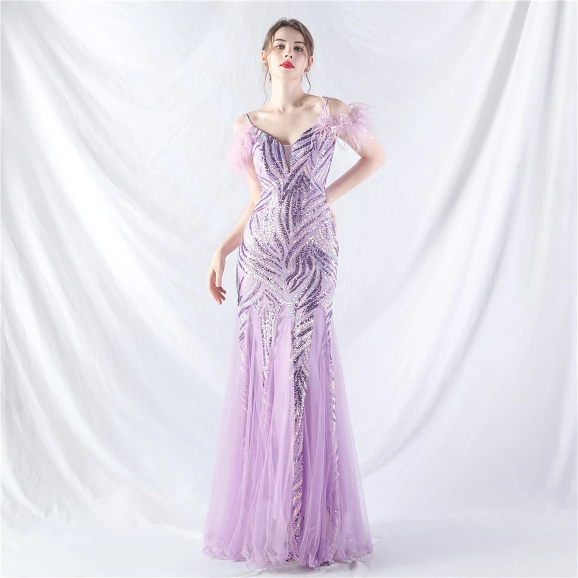 Crafted Ostrich Feather Stacked Sequins Splicing Mesh Gauze High-End Evening Dress Clothes view 94