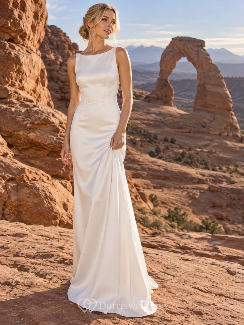 Vestido de novia sencillo de satén drapeado hasta el suelo, sin mangas y con escote joya.