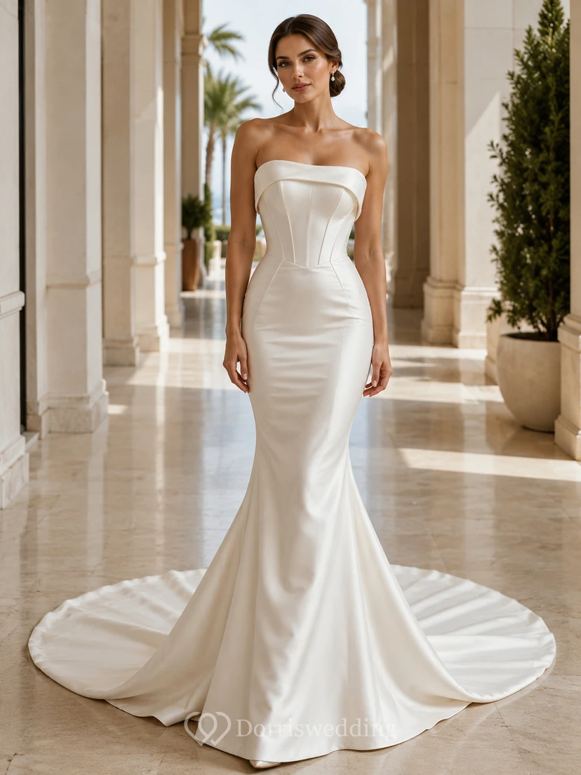 Robe de mariée minimaliste en satin, coupe sirène, bustier, traîne.