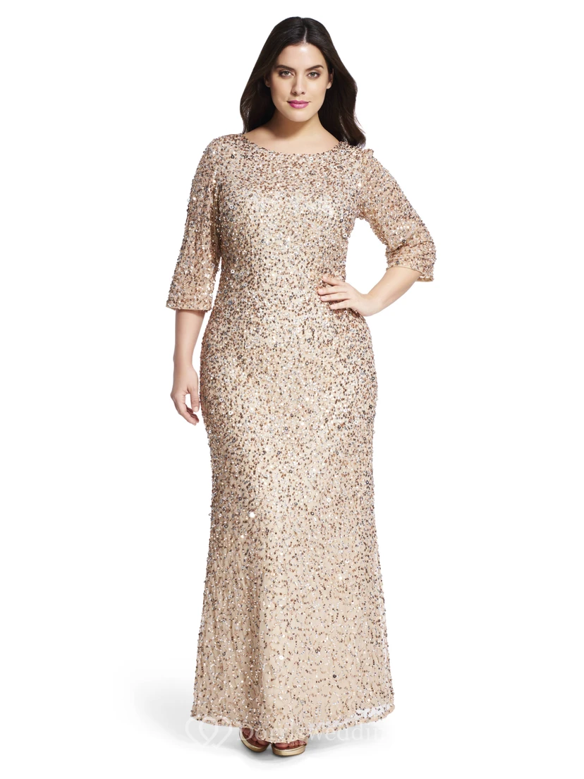 Ankle-Length Mermaid Bateau Neck 3-4 Sleeve Sequin Plus Size Bridesmaid Dress