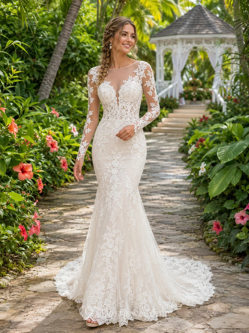 Robe de mariée sirène en dentelle, décolleté plongeant en V, manches illusion, traîne chapelle, robe de plage