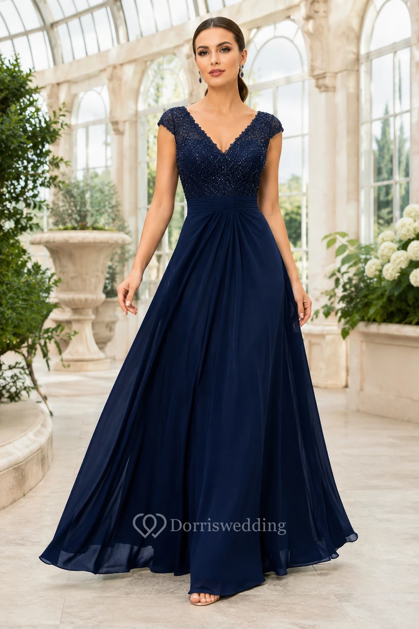 Robe de mère de la mariée bleu marine foncé, corsage en dentelle à col en V, coupe trapèze en mousseline avec manches courtes