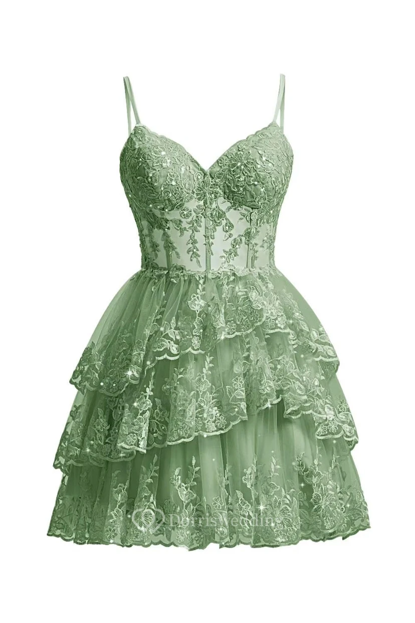 Robe de cocktail en dentelle violette à volants view 15