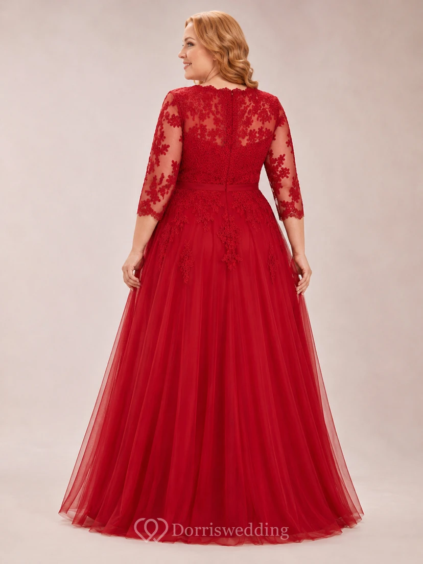 Red Plus Size V-Neck Lace Sleeve Wedding Dress view 2