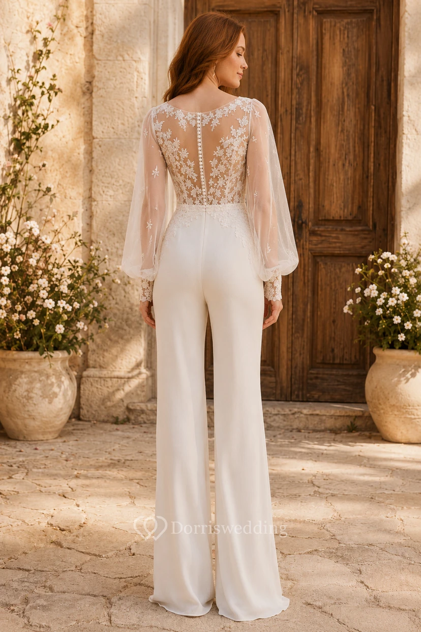 Combinaison de mariée blanche à manches poétiques et corsage en dentelle view 2