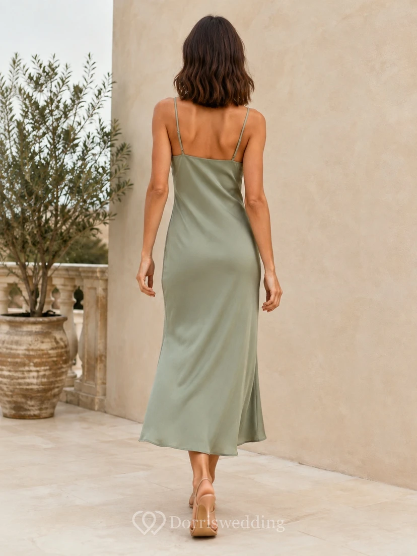 Sage Green Square Neck Spaghetti Strap Satin Sheath Tea-Length Split Cocktail Dress view 2