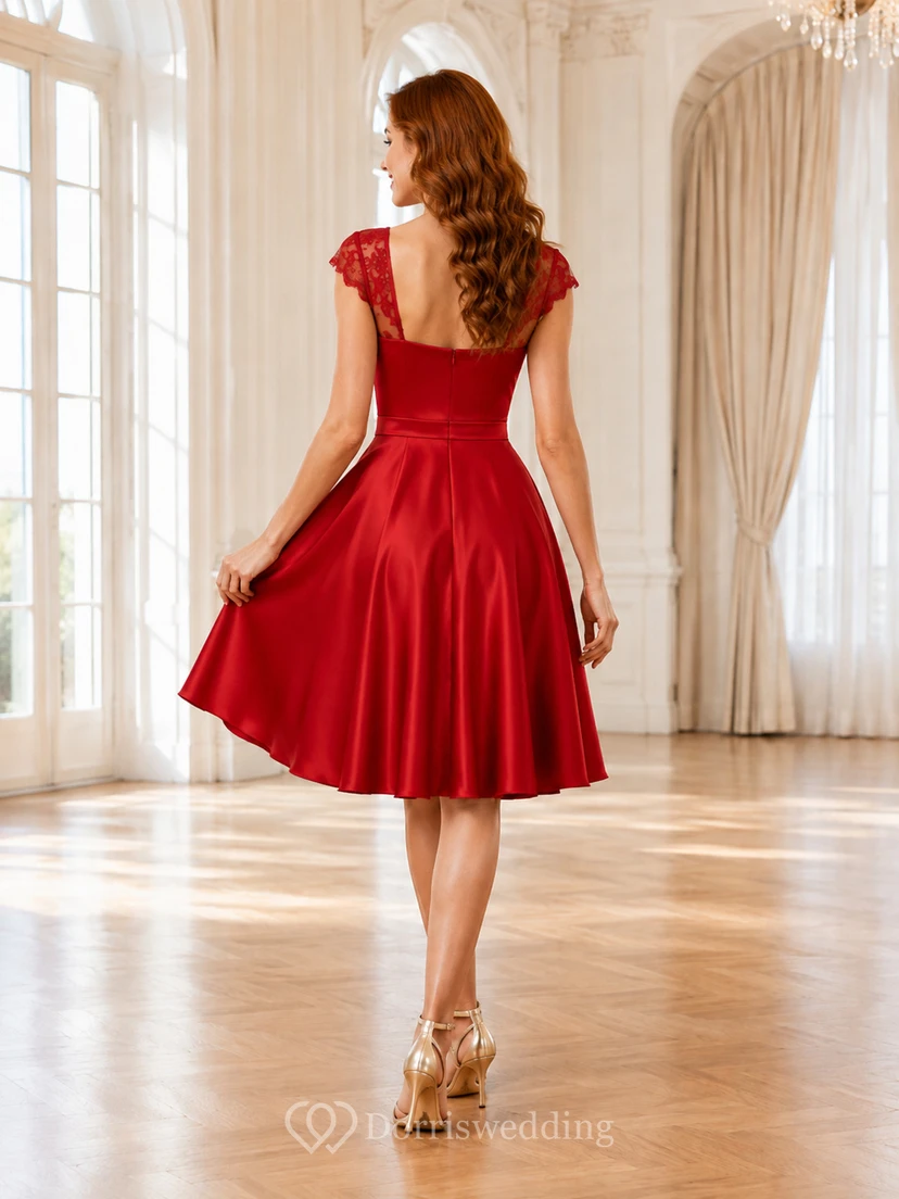 Vestido de cóctel vintage de satén rojo escarlata con escote corazón, mangas cortas y corte en A, largo hasta la rodilla, ideal para fiestas de bienvenida. view 2