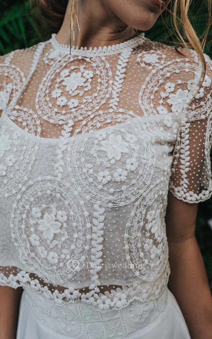 Vintage zweiteiliges, kurzärmeliges Chiffon-Hochzeitskleid in Teelänge mit Spitzenoberteil view 4