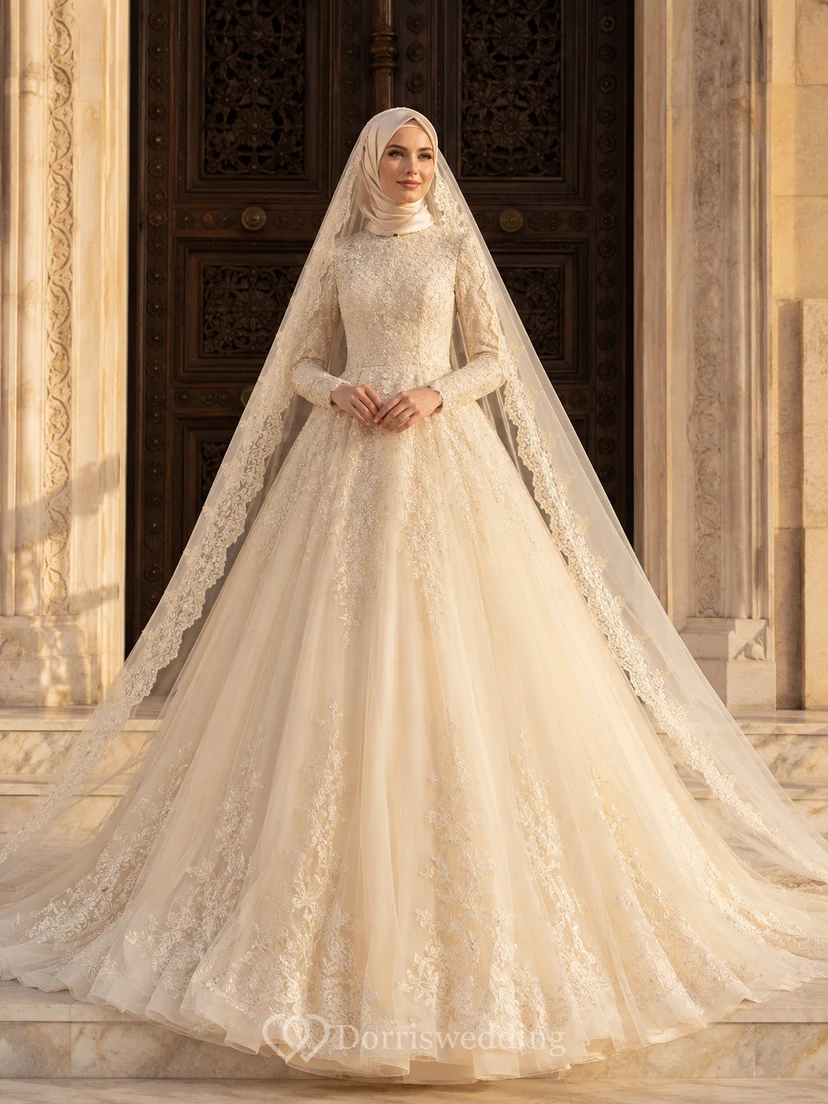 Modest Muslim Lace Trimmed Veil Doorway Bridal Gown