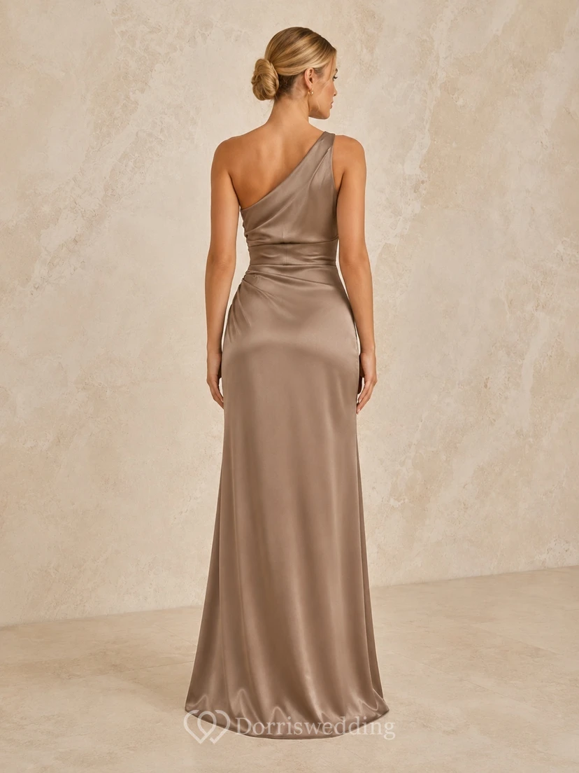 Taupe Satin One-shoulder Mermaid Ruched Split Floor-length Sexy Evening Gown view 2