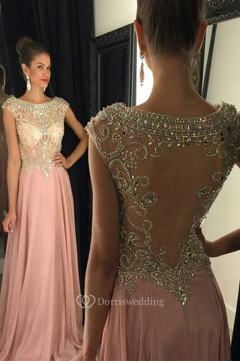 Stunning Scoop Beadings Crystal Evening Dress Sleeveless Long Chiffon Party Gown