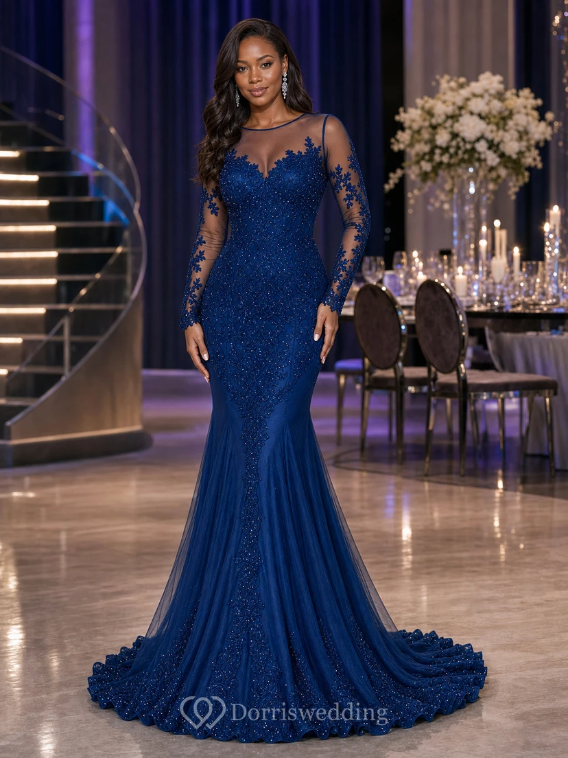 High Neck Mermaid Floor-length Sweep Brush Train Long Sleeve Lace Evening Dress with Zipper Back view 6