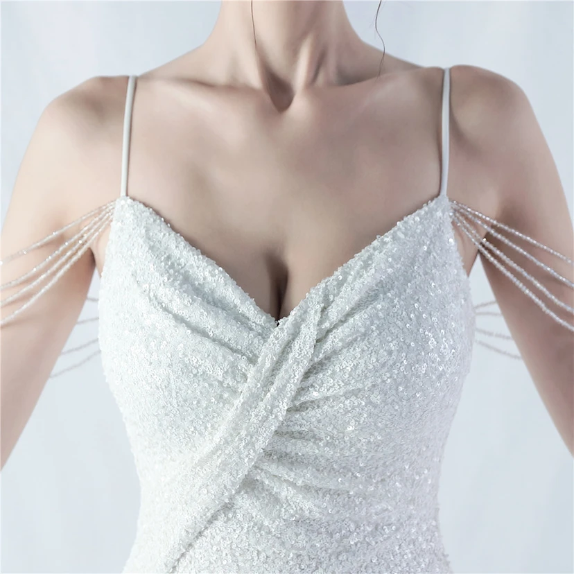 Robe de soirée sexy à bretelles et fente haute, ornée de perles et de perles artisanales. view 53