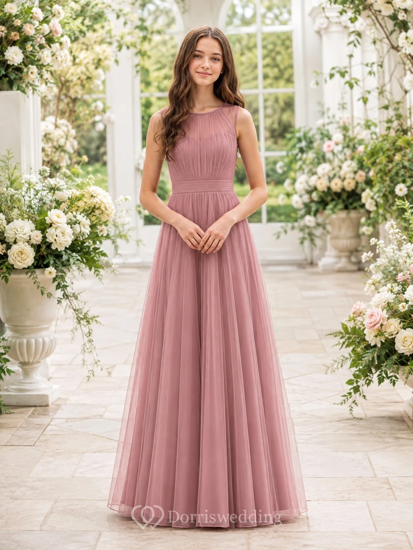 Vestido de dama de honor juvenil color rosa empolvado, corte en A, sin mangas, de malla elegante.