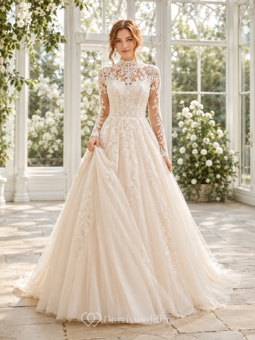 Vestido de novia de gala sin mangas con cuello alto y encaje ilusión color champán
