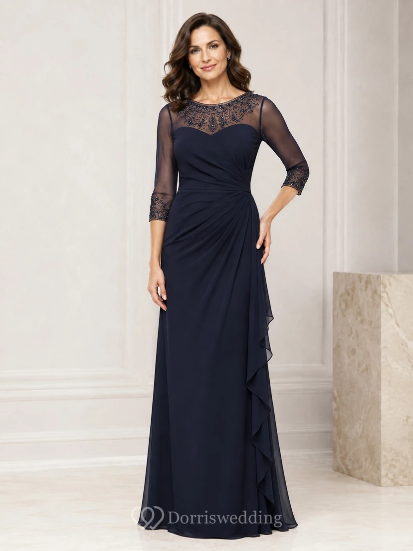 Dark Navy Illusion Lace Three-Quarter Sleeve Sheath Evening Gown