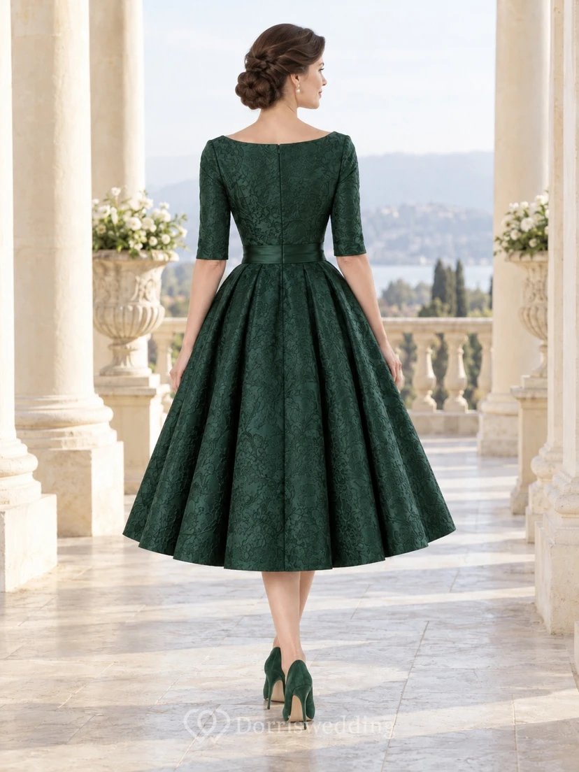 1950s Tea-length Dark Green Bateau Brocade Sleeve A-line Prom Dress view 2